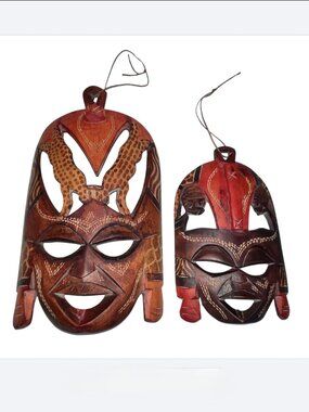 Vintage Wooden Decorative Hand Carved African Kenya Tribal Masks Mask Lot of 2